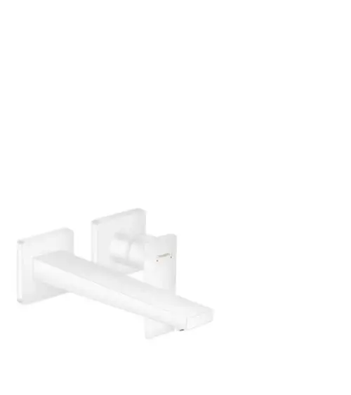 Hansgrohe Waschbeckenarmatur in Mattweiß, Wandmontage, mit einem Hebelgriff und geradem Auslauf. Minimalistisches Design in moderner Optik.